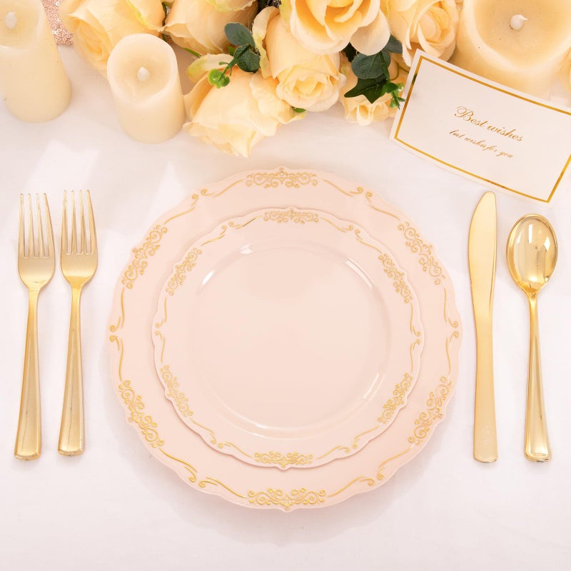 DaYammi 60 PCS Pink Gold Plastic Plates, Pink Disposable Plates with Gold Rim Include: 30 Dinner Plate, 30 Dessert Plate for Party, pink plastic plates with Vintage lace for Wedding - Image 2