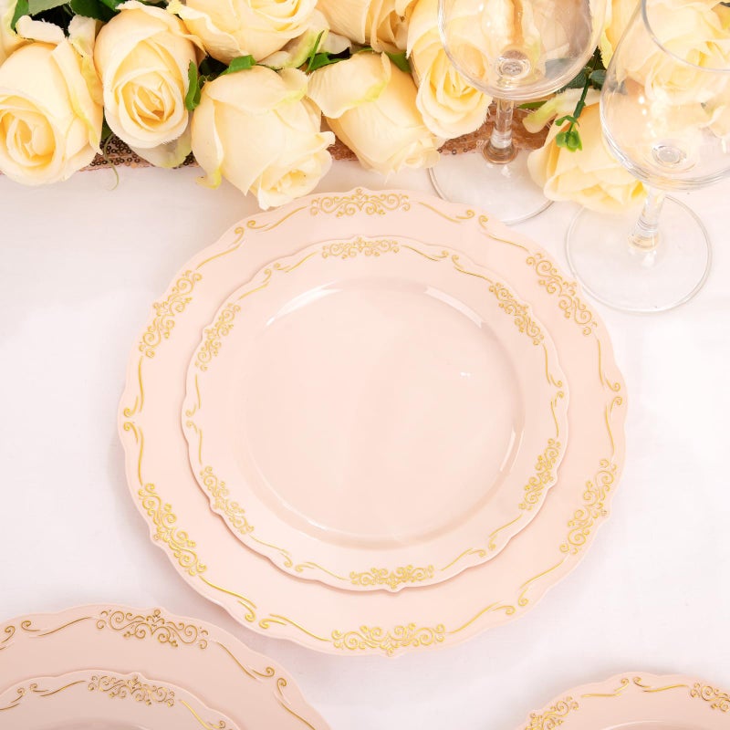 DaYammi 60 PCS Pink Gold Plastic Plates, Pink Disposable Plates with Gold Rim Include: 30 Dinner Plate, 30 Dessert Plate for Party, pink plastic plates with Vintage lace for Wedding - Image 4
