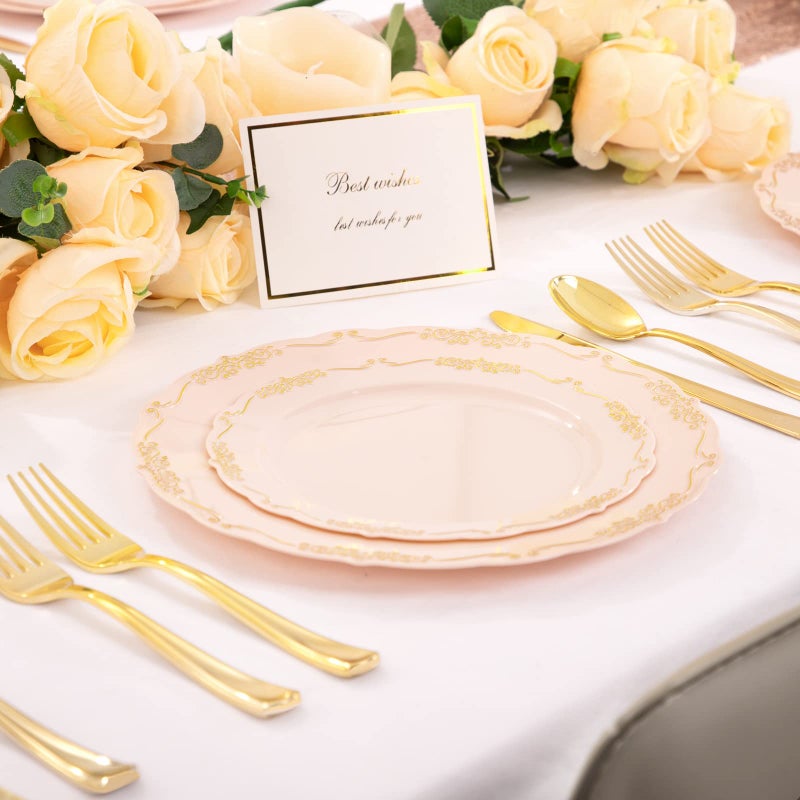 DaYammi 60 PCS Pink Gold Plastic Plates, Pink Disposable Plates with Gold Rim Include: 30 Dinner Plate, 30 Dessert Plate for Party, pink plastic plates with Vintage lace for Wedding - Image 5