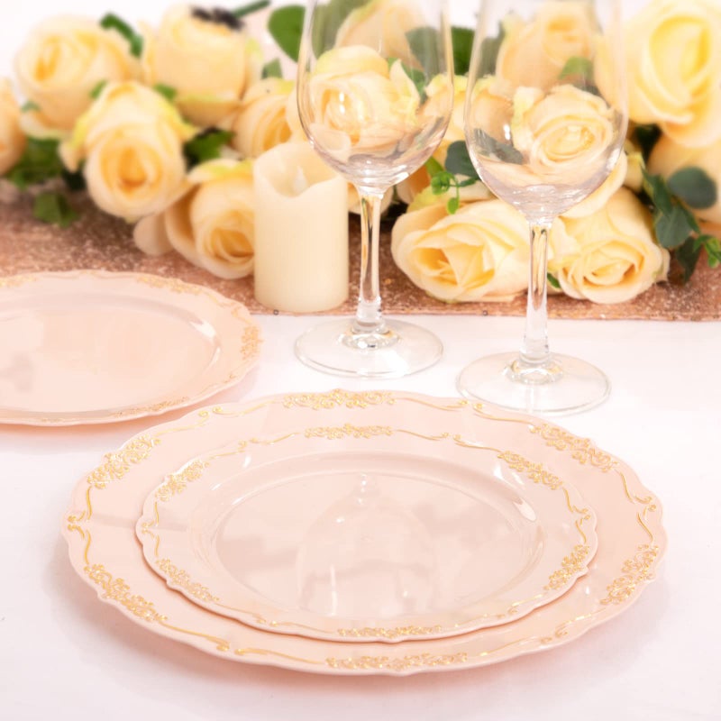 DaYammi 60 PCS Pink Gold Plastic Plates, Pink Disposable Plates with Gold Rim Include: 30 Dinner Plate, 30 Dessert Plate for Party, pink plastic plates with Vintage lace for Wedding - Image 3