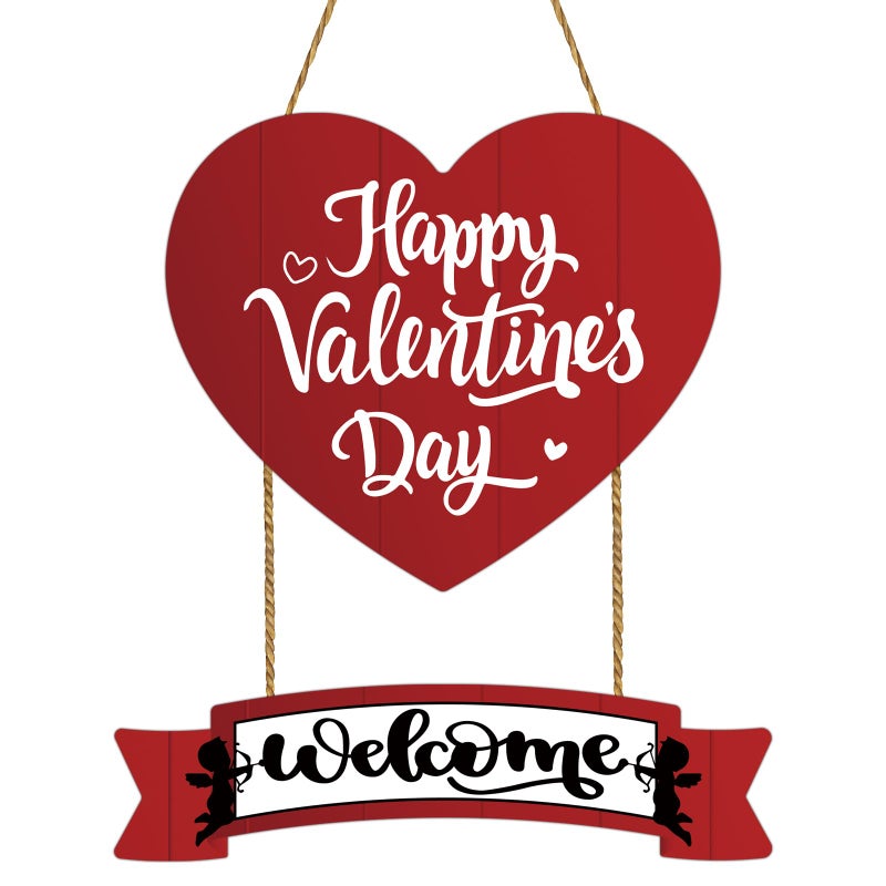 YUNKKIN Valentines Day Wreath Happy Valentines Day Door Decorations Welcome Sign Red Heart Wreath Heart Wall Decor Hanging Sign Wooden Front Door Hanger for Porch Wall Indoor Home Decor - Image 1