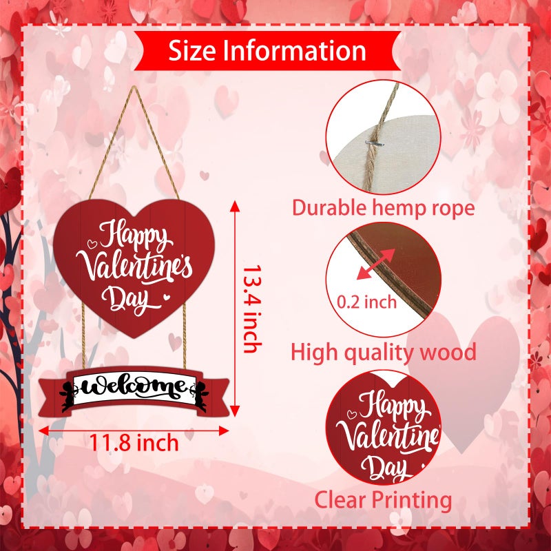 YUNKKIN Valentines Day Wreath Happy Valentines Day Door Decorations Welcome Sign Red Heart Wreath Heart Wall Decor Hanging Sign Wooden Front Door Hanger for Porch Wall Indoor Home Decor - Image 2