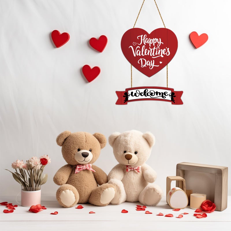YUNKKIN Valentines Day Wreath Happy Valentines Day Door Decorations Welcome Sign Red Heart Wreath Heart Wall Decor Hanging Sign Wooden Front Door Hanger for Porch Wall Indoor Home Decor - Image 5