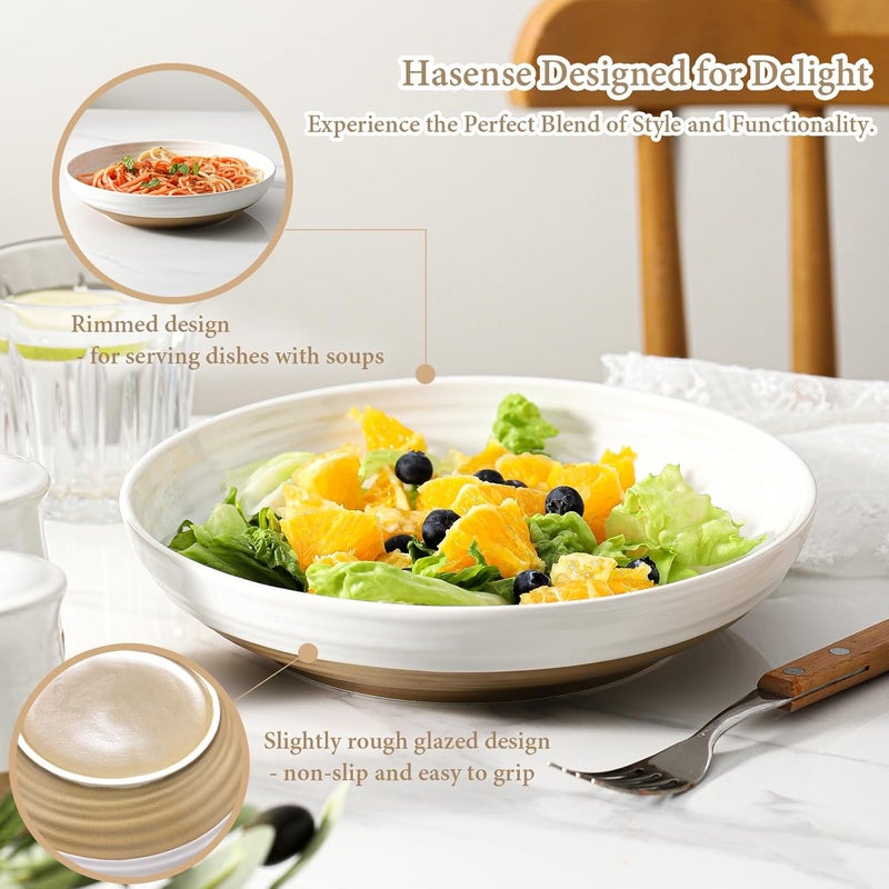 Hasense طقم أطباق باستا هاسينس من 4 قطع 87 بوصة أطباق سيراميك للتقديم 32 أونصة طقم أطباق قابلة للتكديس للحساء والمعكرونة والسلطة آمنة في غسالة الصحون والميكروويف بيضاء - Image 4