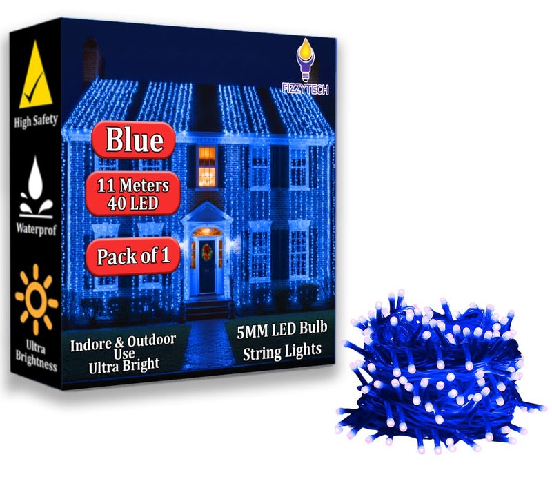 fizzytech 11 Meter 40 LEDs 5MM Decorative String Light | LED Fairy Light for Diwali, Christmas, Weddings & Home Decoration | Polycarbonate, (40 LEDs 5MM Blue, Pack of 10) - Image 1