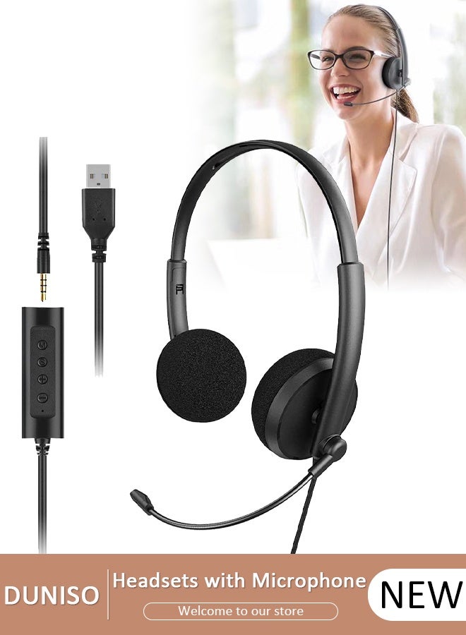 DUNISO USB  Headset with Mic for Call Center, Wired Over Ear Headphone,3.5mm Plug Noise Cancelling Microphone , Ear Mask Filler with High Quality Sponge , Volume Control,Comfortable Wearing Design for PC,Online Class - Image 1