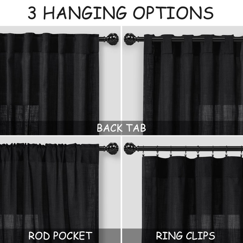 Nanspring Black Linen Curtains 84 inches Long 2 Panels for Bedroom Back Tab Light Filtering Privacy Sheer Black Curtains Muslin Look Modern Farmhouse Cotton Textured Gauze Curtain for Living Room 2 Panel Set - Image 3