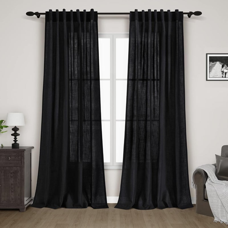 Nanspring Black Linen Curtains 84 inches Long 2 Panels for Bedroom Back Tab Light Filtering Privacy Sheer Black Curtains Muslin Look Modern Farmhouse Cotton Textured Gauze Curtain for Living Room 2 Panel Set - Image 1