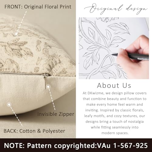 DKwizme Vintage Floral Print Throw Pillow Covers 24x24 Set of 2 Neutral Modern Farmhouse Pillowcases Accent Decorative Cushion Covers Boho Home Decor for Couch Sofa Chair Bed Living Room, Natural Beige - Image 3
