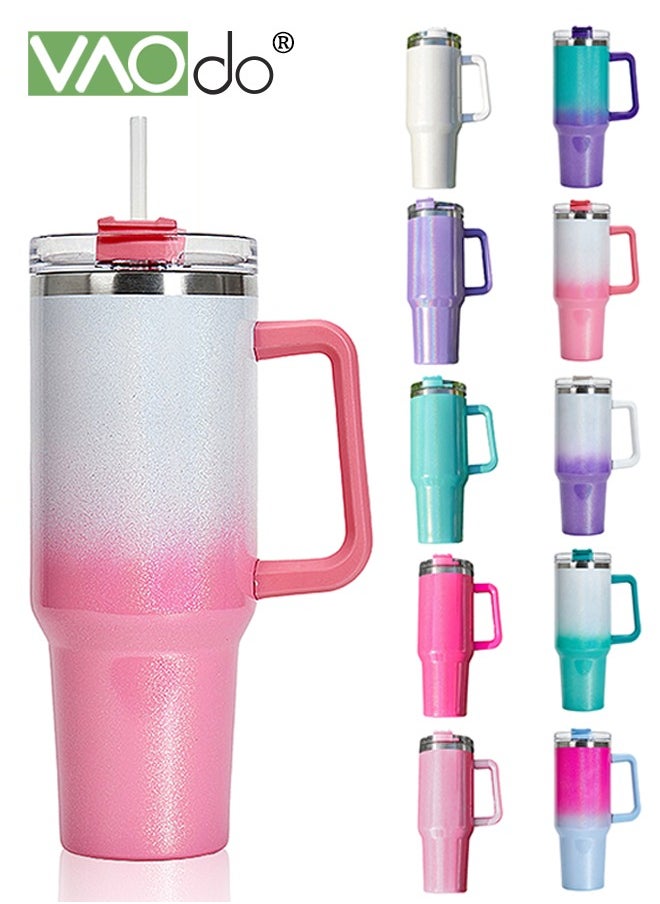 VAOdo - 40 oz Tumbler with Handle and Straw Lid Reusable Stainless Steel Water Bottle Travel Mug Cupholder Friendly Insulated Cup Holiday Gifts for Women Men Him Her 1100ML Pink White - Image 1