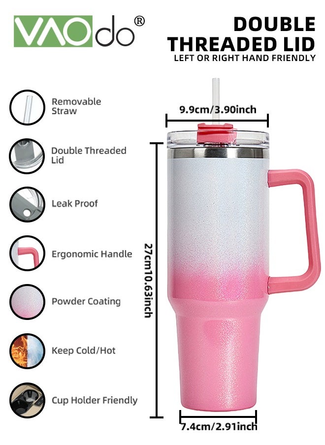 VAOdo - 40 oz Tumbler with Handle and Straw Lid Reusable Stainless Steel Water Bottle Travel Mug Cupholder Friendly Insulated Cup Holiday Gifts for Women Men Him Her 1100ML Pink White - Image 1