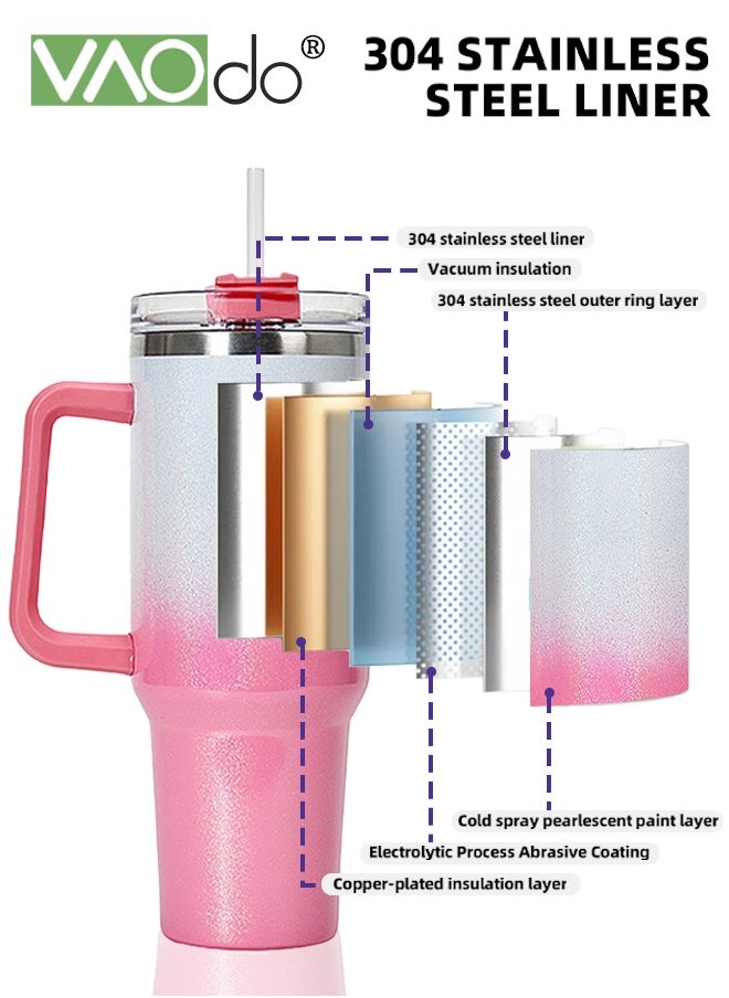 VAOdo - 40 oz Tumbler with Handle and Straw Lid Reusable Stainless Steel Water Bottle Travel Mug Cupholder Friendly Insulated Cup Holiday Gifts for Women Men Him Her 1100ML Pink White - Image 1