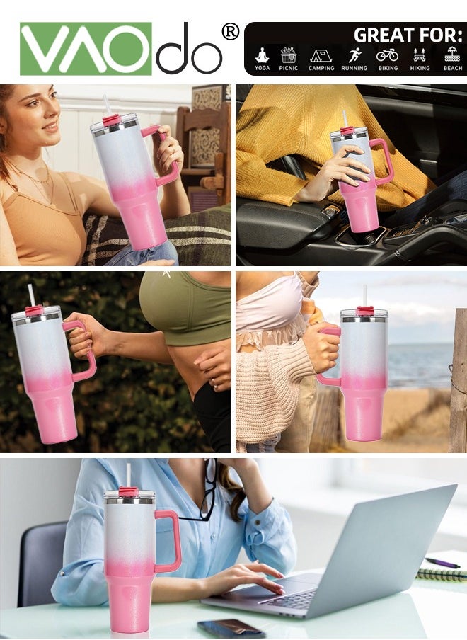 VAOdo - 40 oz Tumbler with Handle and Straw Lid Reusable Stainless Steel Water Bottle Travel Mug Cupholder Friendly Insulated Cup Holiday Gifts for Women Men Him Her 1100ML Pink White - Image 1