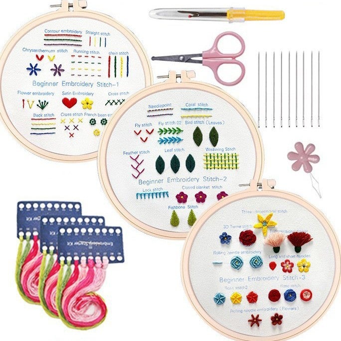 Basic Embroidery Diy 30 Kinds Of Stitch Practice Bag Creative Novice Flowers And Animals Sewing Bag Cross Stitch Three-Piece Set - Image 1