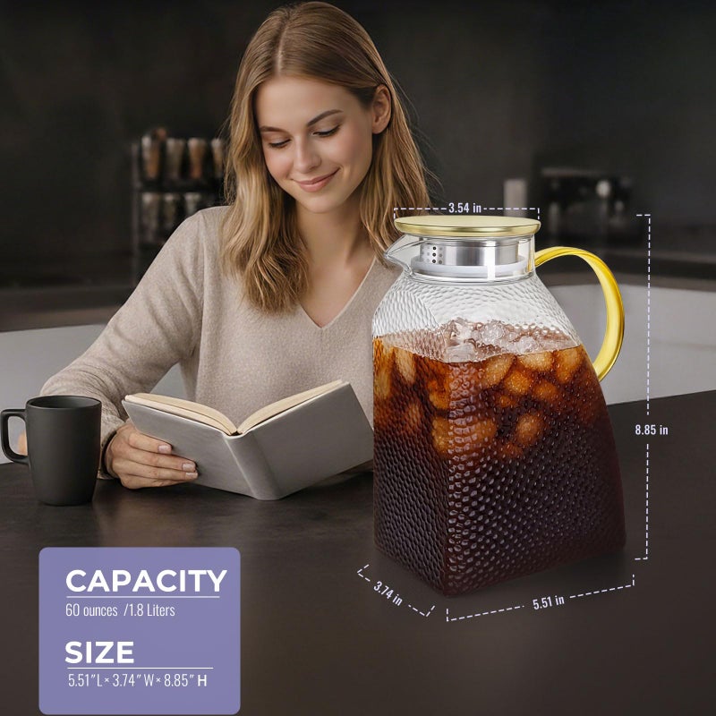 WARMSIMPLE Glass Pitcher With Lid and Spout, 1.8 Liter 60 oz Glass Pitchers With Handle And Lid, Jug Water Pitchers For Fridge, Carafe Jar for Hot/Cold Water Iced Tea Juice Coffee Milk Beverage - Image 2