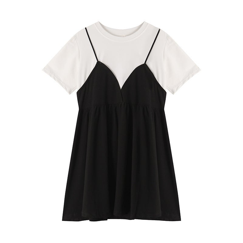 Dress Womens 2021 New Large Size Womens Clothing Chubby Sister Summer Dress Belly Covering Chubby Woman Fake Two-piece Age-reducing Doll Dress Black 