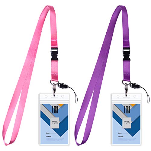 Wisdompro Cruise Lanyard Badge Holder, Wisdompro Vertical 2-Sided 2 Card Slot Waterproof Clear PVC ID Tag Holder with Ziplock and 20.8’’ Heavy Duty Detachable Neck Strap - 2 Set, Pink/Purple - Image 1