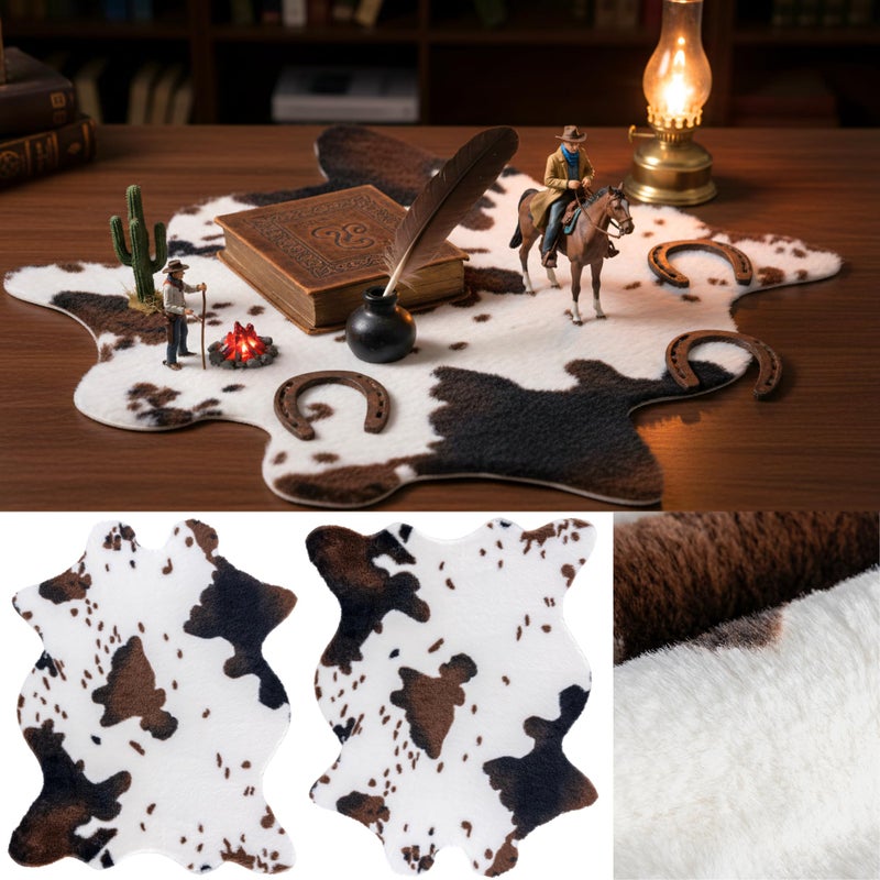 Mindoub 2 Pack Mini Soft Fur Faux Cowhide Rug 20x16 inch Rustic Chic Western Mat Cow Hide Rugs Carpet for Room Resting Area Table Centerpieces Cowboy Party Supplies Art Decor - Image 1