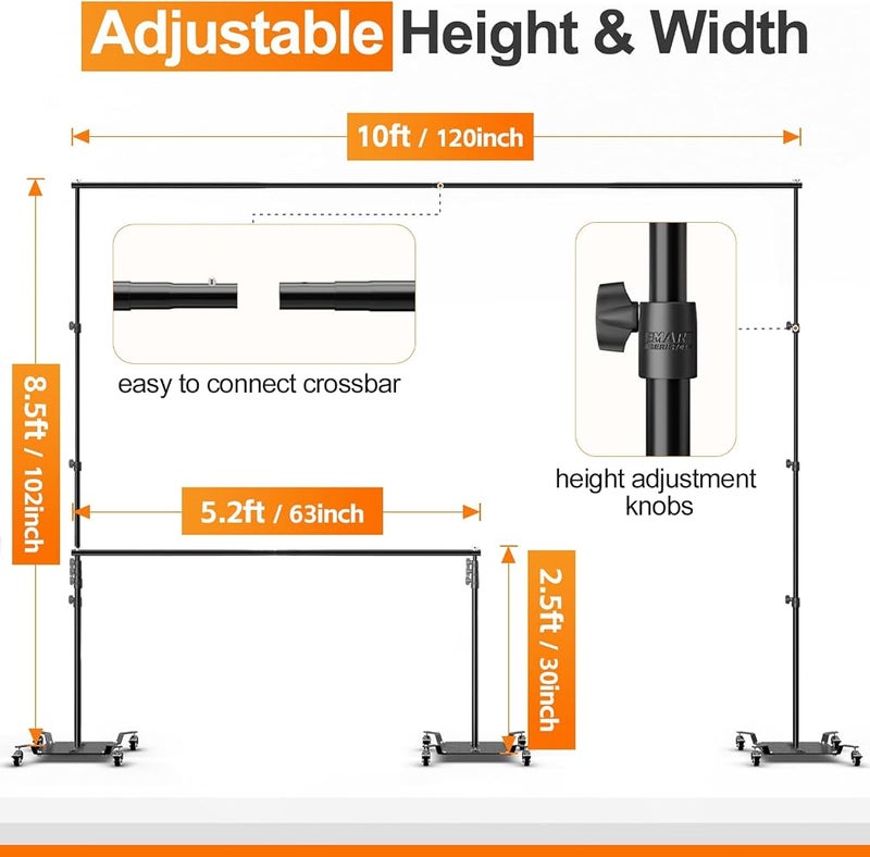 EMART 8.5x10ft Backdrop Stand with Wheels, Adjustable Backdrop Support - Image 3