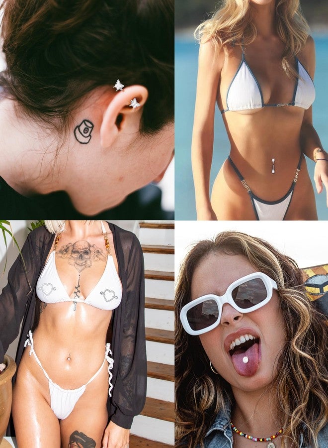 تورنيتو مجموعة تورنيتو من 9 أزواج من حلقات اللسان المصنوعة من الفولاذ المقاوم للصدأ، بتصميمات على شكل قلب وفراشة وقمر وزهرة مرصعة بالزركونيا المكعبة، بالإضافة إلى حلقات حلمات لطيفة، ومجوهرات ثقب للنساء، بلون فضي. - Image 5