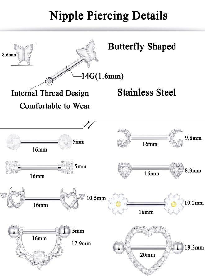تورنيتو مجموعة تورنيتو من 9 أزواج من حلقات اللسان المصنوعة من الفولاذ المقاوم للصدأ، بتصميمات على شكل قلب وفراشة وقمر وزهرة مرصعة بالزركونيا المكعبة، بالإضافة إلى حلقات حلمات لطيفة، ومجوهرات ثقب للنساء، بلون فضي. - Image 2