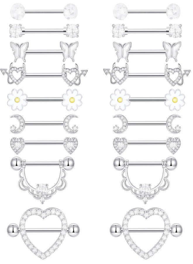 تورنيتو مجموعة تورنيتو من 9 أزواج من حلقات اللسان المصنوعة من الفولاذ المقاوم للصدأ، بتصميمات على شكل قلب وفراشة وقمر وزهرة مرصعة بالزركونيا المكعبة، بالإضافة إلى حلقات حلمات لطيفة، ومجوهرات ثقب للنساء، بلون فضي. - Image 1