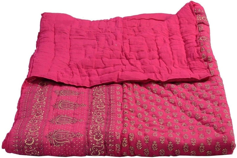 SHOPCLIX Pure Cotton Jaipuri Razai Traditional Sanganeri Print Light Weight razai Double Bed QuiltBlanket 85 x Inch X 100 Inch MultiColor Rani Pink Double - Image 3