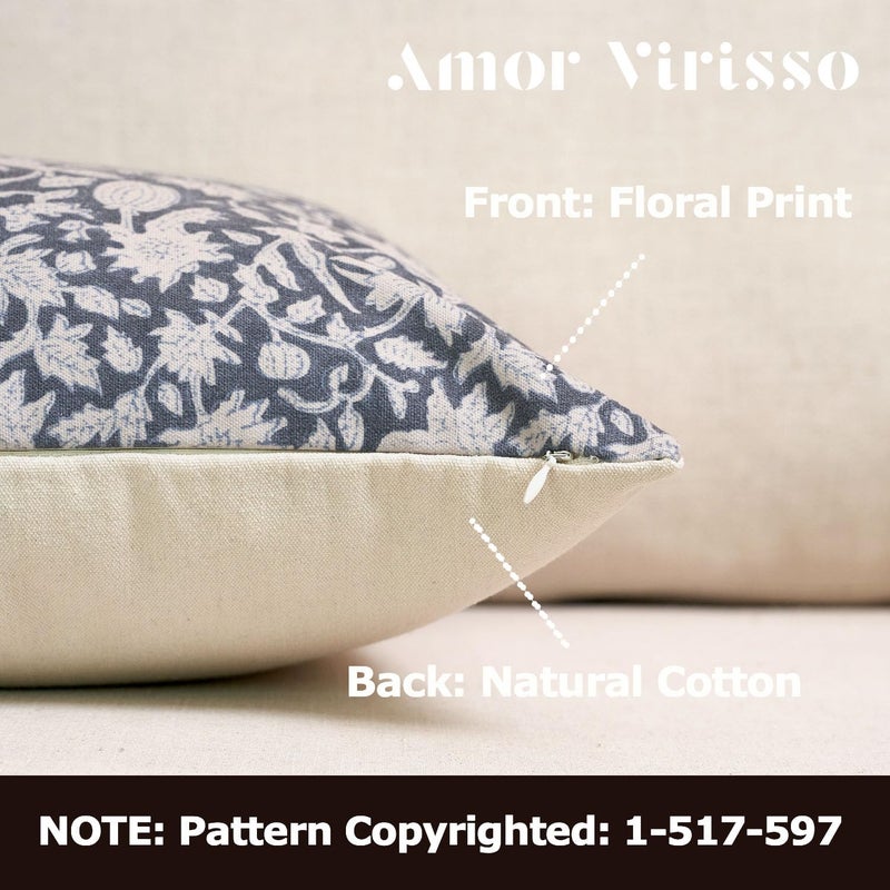 Amor Virisso Decorative Pillow Cover 60 x 60 cm – Floral Pattern, Block Print in Country Style, Neutral Decorative Pillow Cover as Accent for Sofa, Bed or Living Room, 1 Piece, Color: Blue (Dusty Blue - Image 2