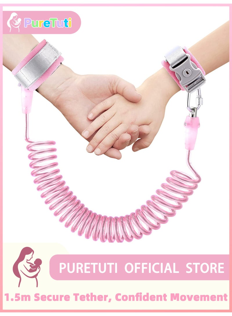 PureTuti Toddler Safety Harness Walking Leash with Key Lock, Anti Lost Wrist Link Secure Leash for Kids Baby Boys and Girls, 5 Feet Pink, Child Safety Wrist Harness for Everyday Use and Outdoor Activities - Image 1