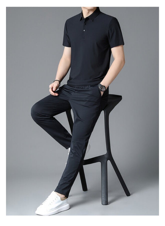 Ice Silk Short Sleeve Dad Outfit Summer Thin Elastic Sportswear Two-Piece Set Lightweight Casual Wear for Middle-Aged Men - Image 2
