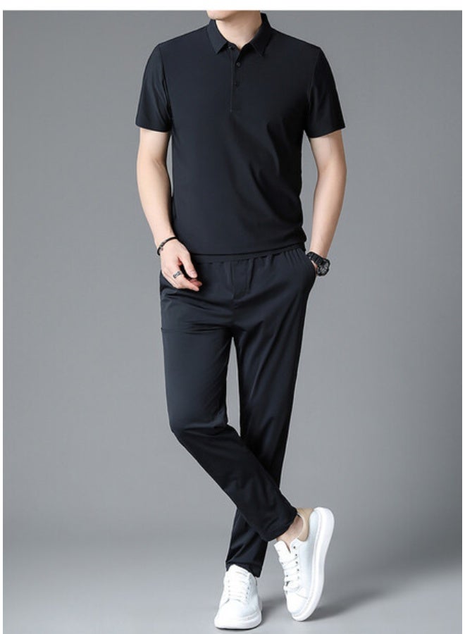 Ice Silk Short Sleeve Dad Outfit Summer Thin Elastic Sportswear Two-Piece Set Lightweight Casual Wear for Middle-Aged Men - Image 3