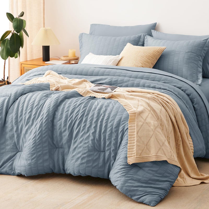 Cozylux Grayish Blue King Size Comforter Set Seersucker 7 Pieces Dusty Blue Bed In A Bag King Comforter Set With Sheets  Luxury Bedding Set With Down Alternative Comforter  Sheets  Pillowcases & Shams - Image 1