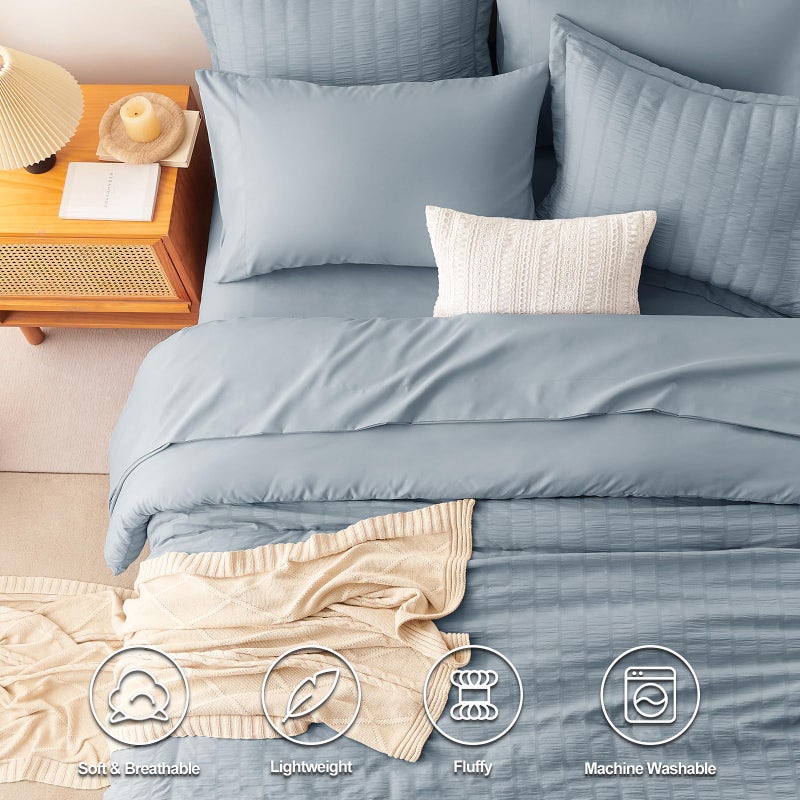 Cozylux Grayish Blue King Size Comforter Set Seersucker 7 Pieces Dusty Blue Bed In A Bag King Comforter Set With Sheets  Luxury Bedding Set With Down Alternative Comforter  Sheets  Pillowcases & Shams - Image 2