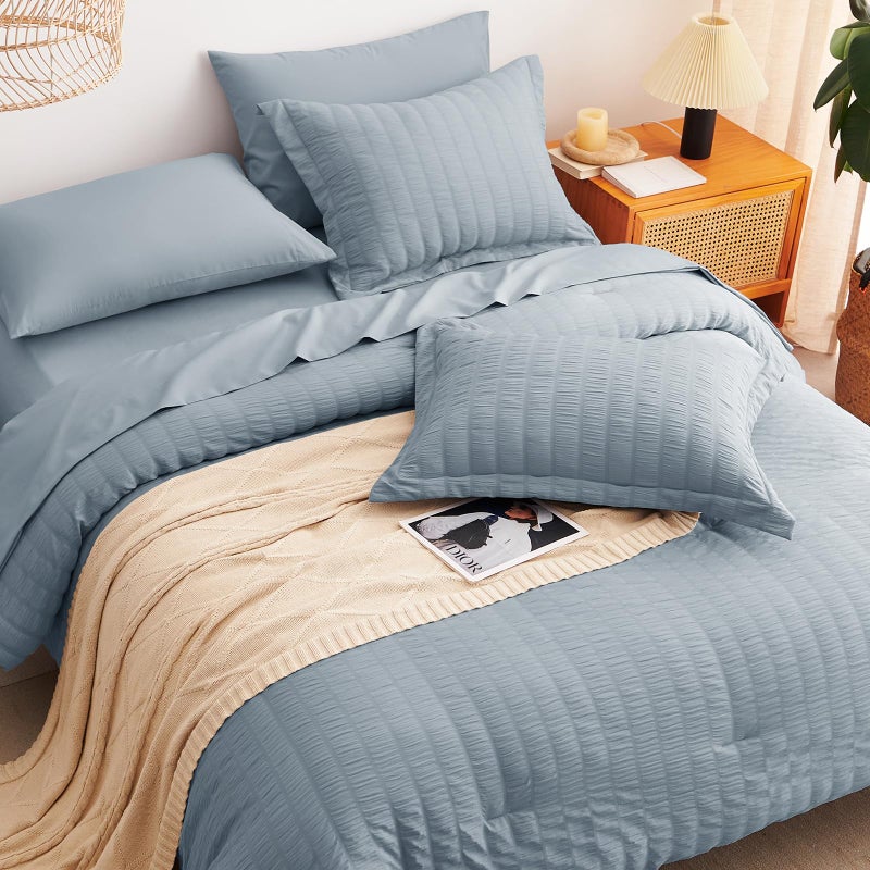 Cozylux Grayish Blue King Size Comforter Set Seersucker 7 Pieces Dusty Blue Bed In A Bag King Comforter Set With Sheets  Luxury Bedding Set With Down Alternative Comforter  Sheets  Pillowcases & Shams - Image 5