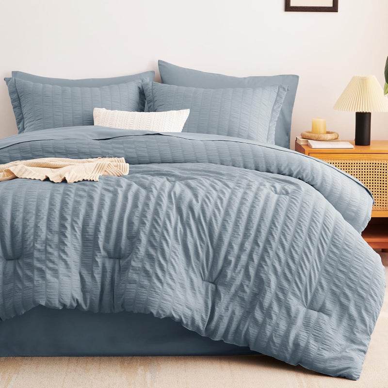 Cozylux Grayish Blue King Size Comforter Set Seersucker 7 Pieces Dusty Blue Bed In A Bag King Comforter Set With Sheets  Luxury Bedding Set With Down Alternative Comforter  Sheets  Pillowcases & Shams - Image 4