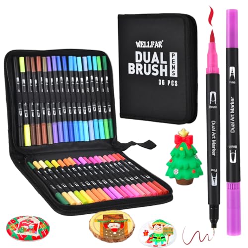 WELLFAR Coloring Markers for Adults/Teens/Kids, Dual Tip (Brush/Fine Point) Art Marker No Bleed/Non Bleeding, Gel Acrylic Paint Pen Set for Coloring Books,Sketching,Drawing,Rock Painting,Journaling. 36 Colors - Image 1