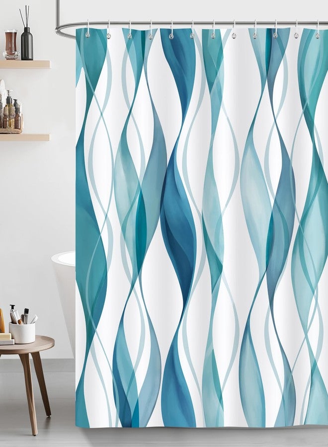 Bonhause Blue Teal Shower Curtain, Abstract Striped Wavy Modern Minimalist Bathroom Decor 72 x 72 Inch Polyester Fabric Waterproof Bath Curtain with 12 Hooks - Image 1