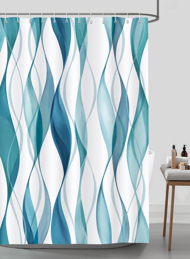 Bonhause Blue Teal Shower Curtain, Abstract Striped Wavy Modern Minimalist Bathroom Decor 72 x 72 Inch Polyester Fabric Waterproof Bath Curtain with 12 Hooks - Image 2
