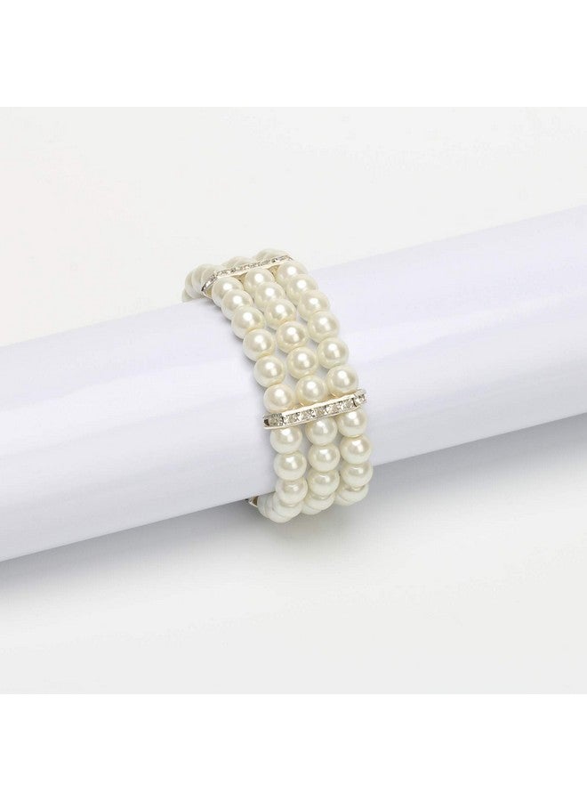 Coolrunner Ladies 3 Rows Faux Pearls Accent Off White Stretch Wrist Bracelet Jewelry - Image 3