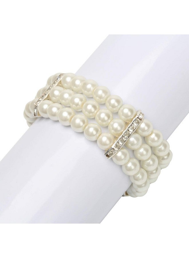 Coolrunner Ladies 3 Rows Faux Pearls Accent Off White Stretch Wrist Bracelet Jewelry - Image 5