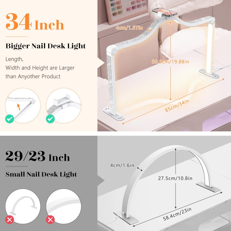 Yokilly Arc Half Moon Light: 34" Shadow-Free Half Moon Light for Desk Salon - Foldable LED Desk Lamp with Stepless Brightness for Manicurist (White) - Image 4
