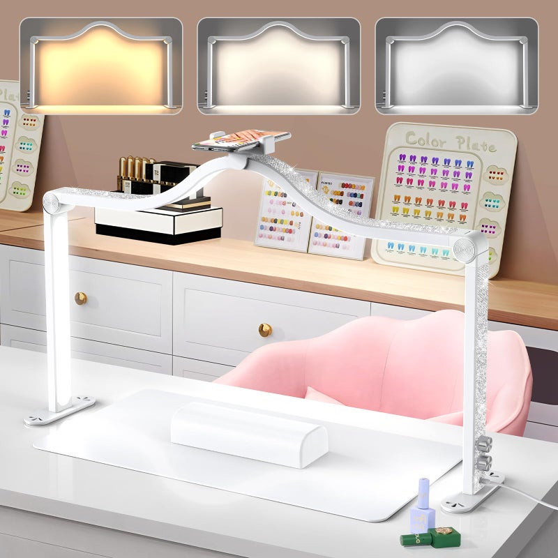 Yokilly Arc Half Moon Light: 34" Shadow-Free Half Moon Light for Desk Salon - Foldable LED Desk Lamp with Stepless Brightness for Manicurist (White) - Image 1