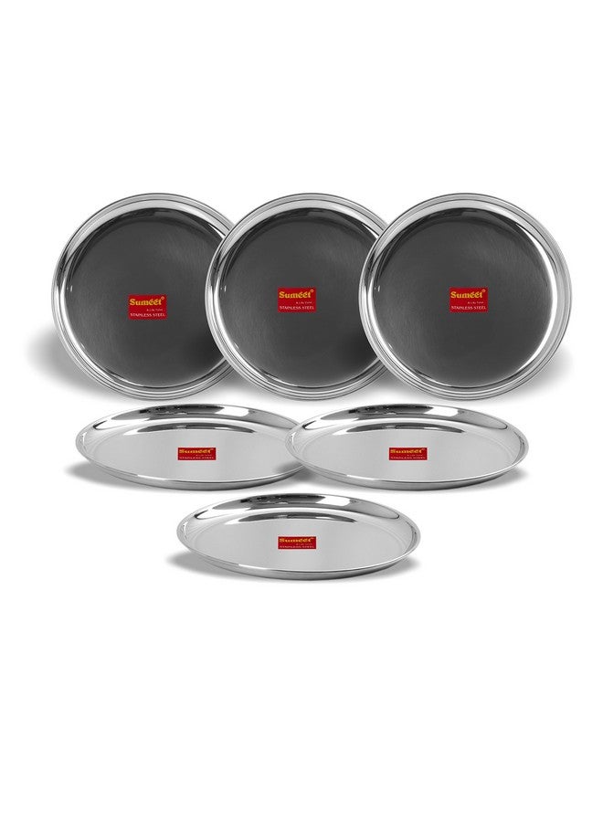 Sumeet Stainless Steel Heavy Gauge Shallow Dinner Plates with Mirror Finish 31cm Dia - Set of 6pc - Image 1