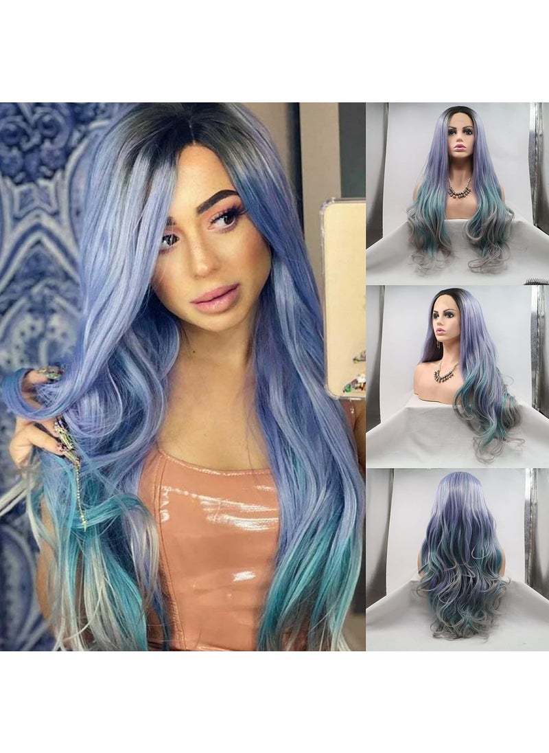 RainaHair - 24Inches Ombre Wig Body Wave Dark Roots to Purple Blue Gray Colorful Wig Heat Resistant Synthetic Lace Front Wigs for Women Pastel Lavender Mermaid Wigs Holidays Party - Image 1
