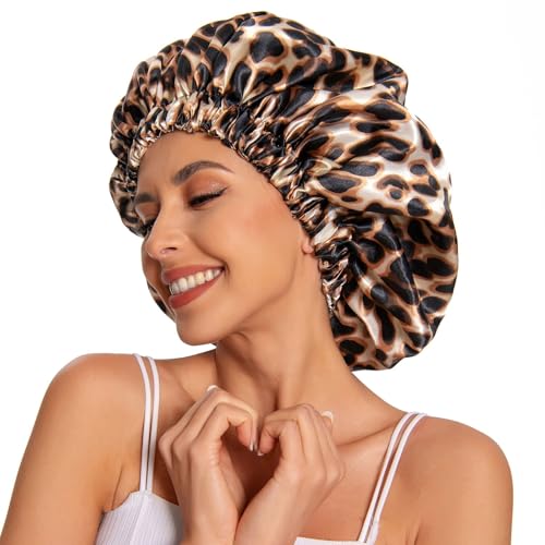 Edoneery Satin Bonnet Silk Bonnet Hair Bonnet for Sleeping-Slouchy Beanie Hat Satin Sleep Cap for Women's Natural & Curly Hair(Leopard) - Image 1