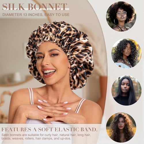 Edoneery Satin Bonnet Silk Bonnet Hair Bonnet for Sleeping-Slouchy Beanie Hat Satin Sleep Cap for Women's Natural & Curly Hair(Leopard) - Image 3