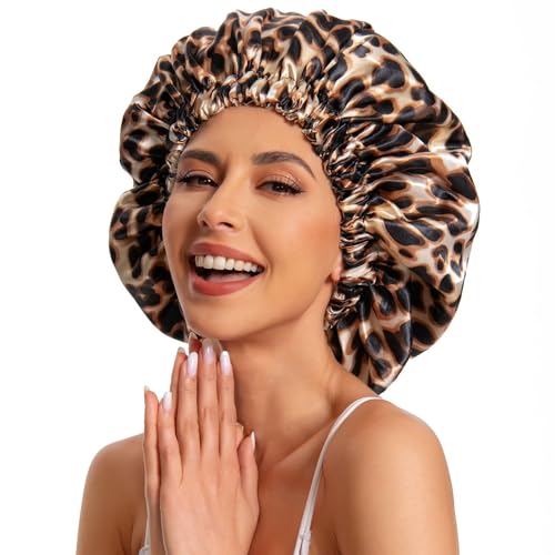 Edoneery Satin Bonnet Silk Bonnet Hair Bonnet for Sleeping-Slouchy Beanie Hat Satin Sleep Cap for Women's Natural & Curly Hair(Leopard) - Image 4