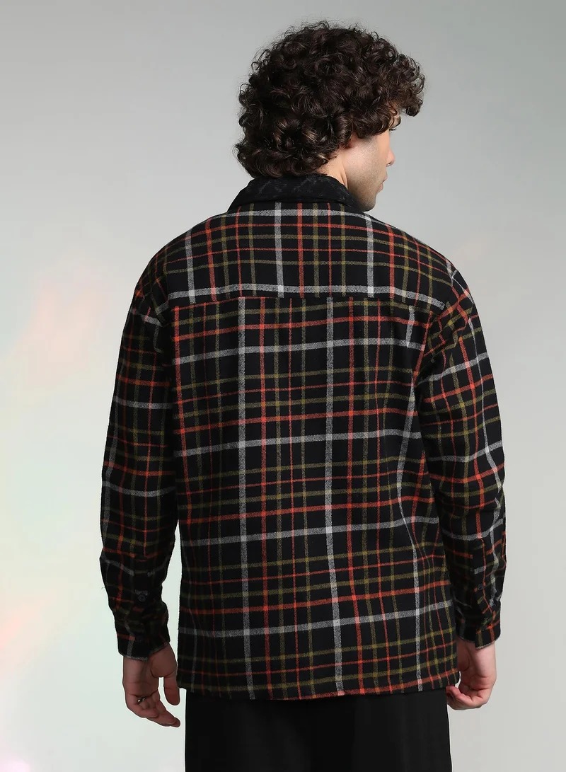 Campus Sutra Men's Onyx Black Plaid Utility Oversized Shirt