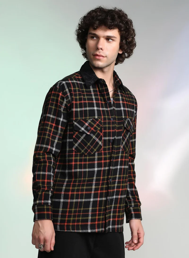 Campus Sutra Men's Onyx Black Plaid Utility Oversized Shirt