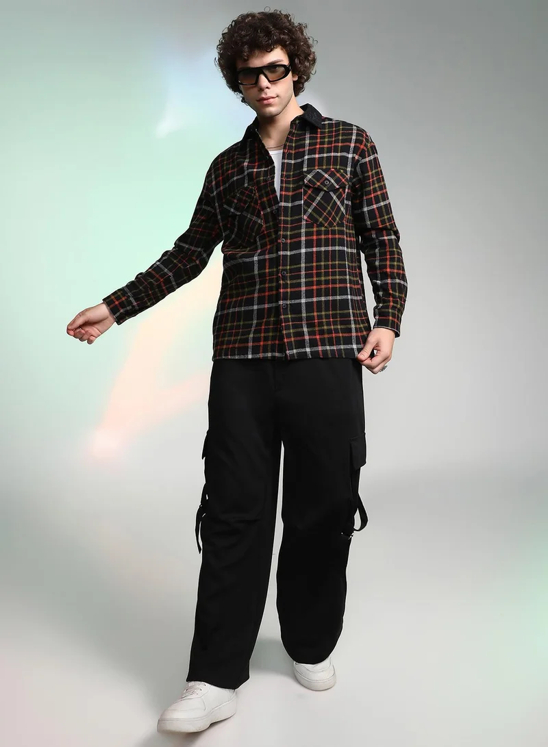 Campus Sutra Men's Onyx Black Plaid Utility Oversized Shirt